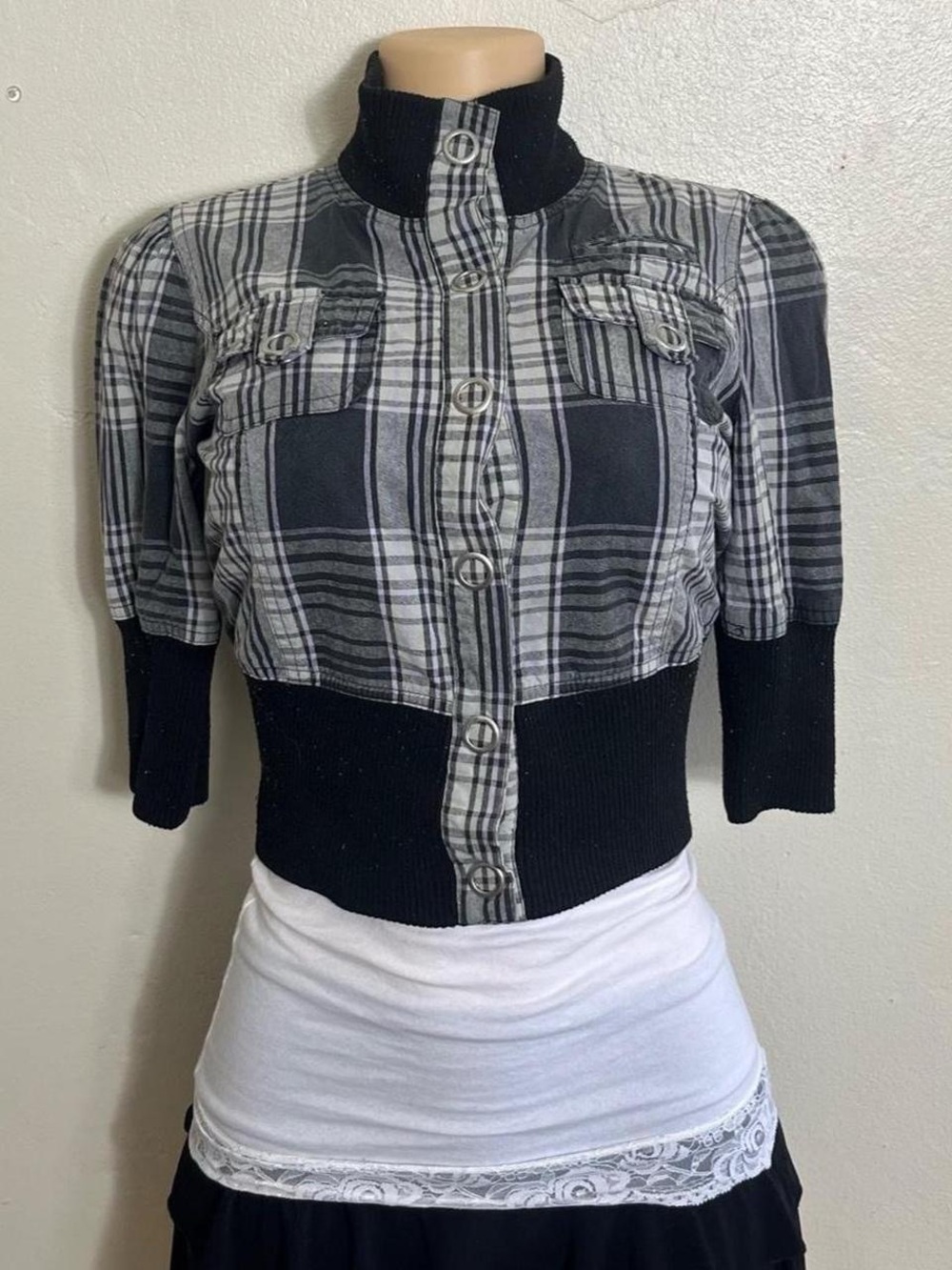 Wet Seal Black and White Plaid Bomber Jacket